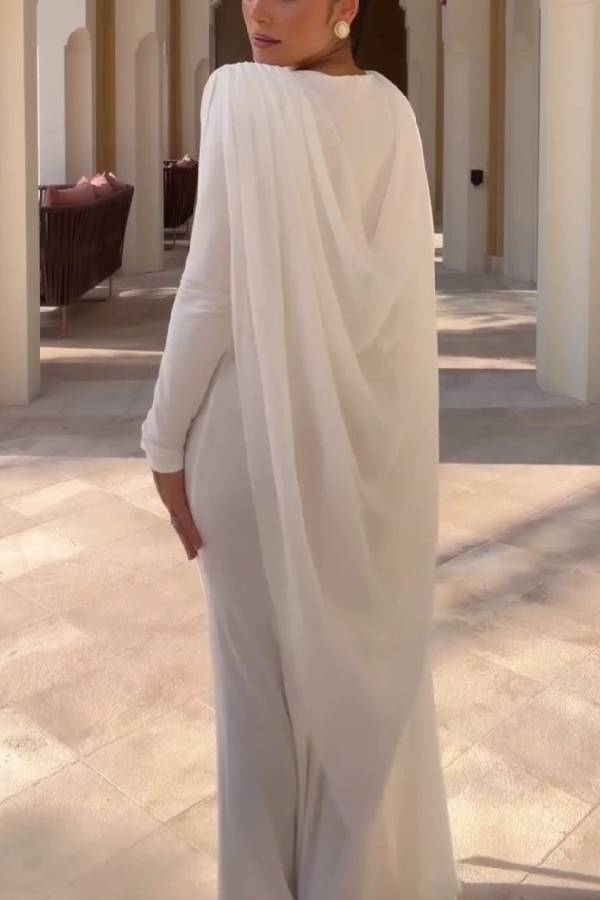 White Long Sleeve Draped Cape Column Maxi Dress for Evening