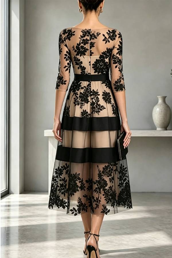 Alana Flower Mesh Colorblock Boat Neck Half Sleeve A-line Midi Dress