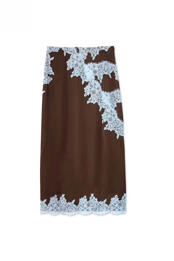 Sunday Social Contrast Color Satin Lace Trim Mid Rise Maxi Skirt