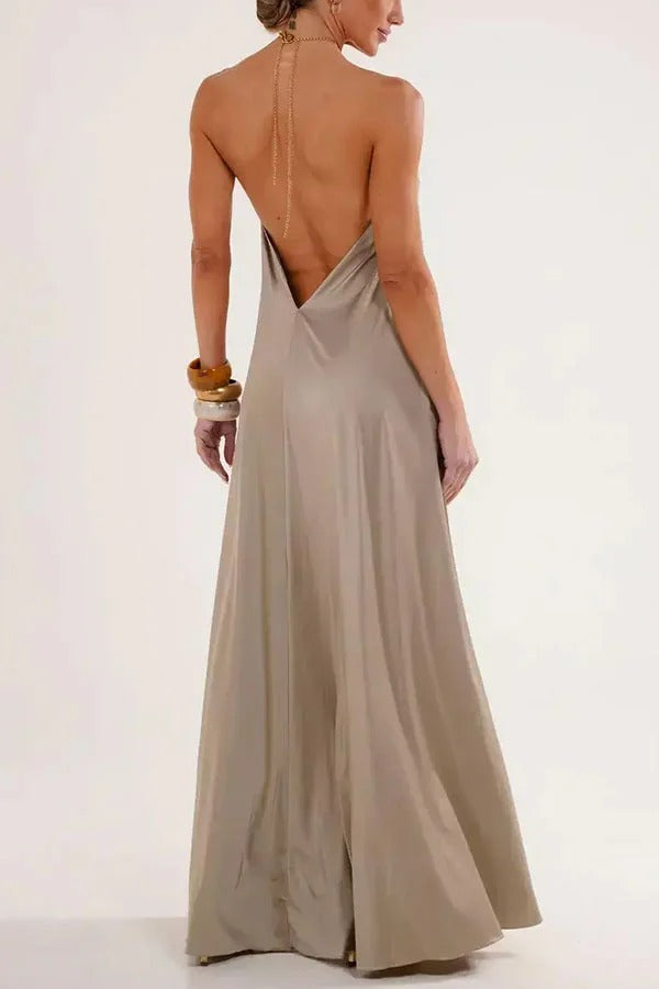 Ocean Goddess Metal Circular Chain Halter Backless Vacation A-line Maxi Dress