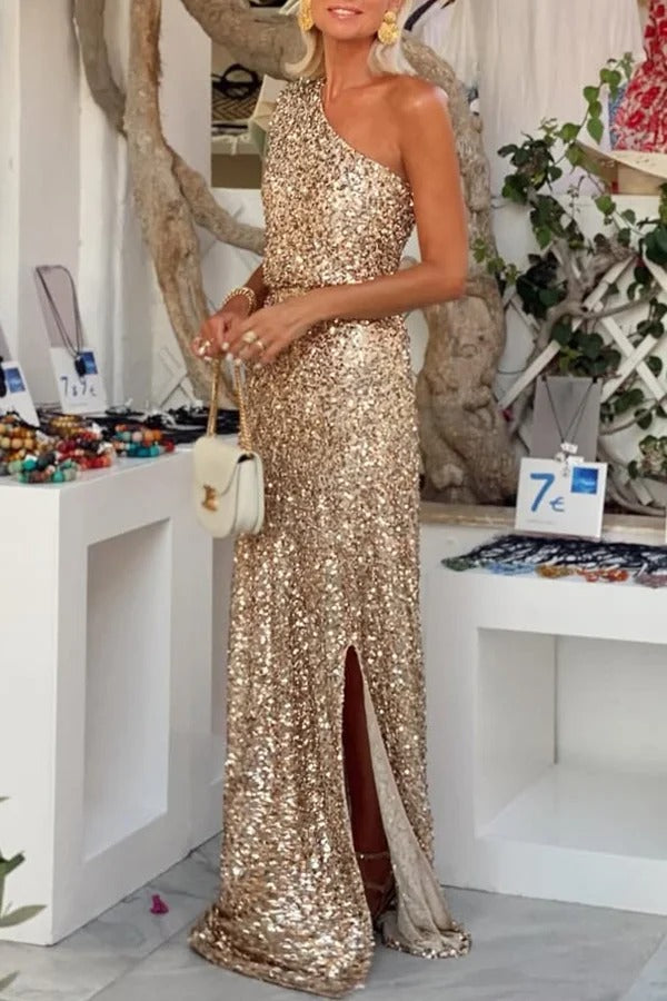 Santorini Night Sequin Fabric One Shoulder Slit Maxi Dress