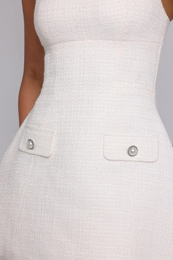 Square Neck Cinch Waist Faux Flap Pockets Mini Slip Dresses-White