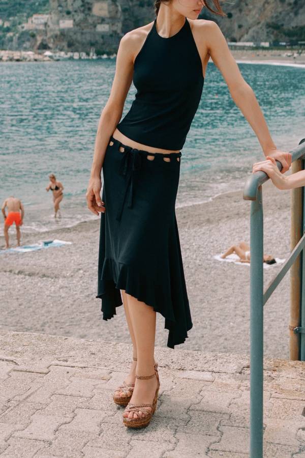 Cutout Waist Tie Irregular Ruffle Hem Midi Skirt