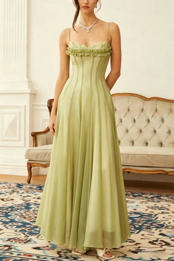 Dreamy Tulle Ruffled Shirred Corset Back Smocked Slip Maxi Dress