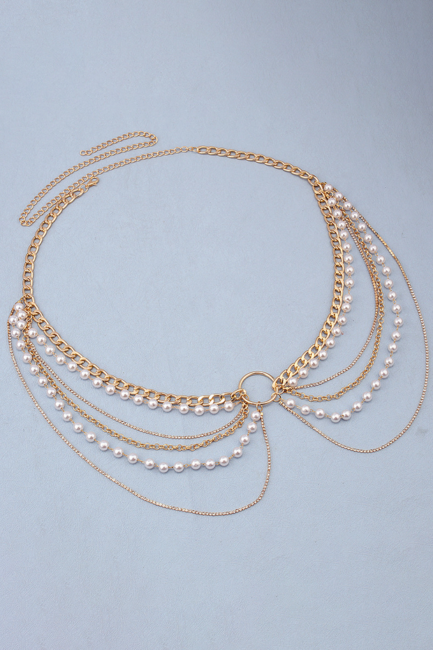 Layered Pearls Metallic Fashionable Waist Chain