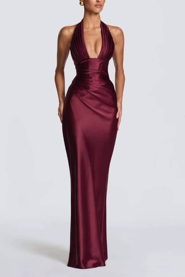 Deep V Halter Satin Waisted Mermaid Evening Gown