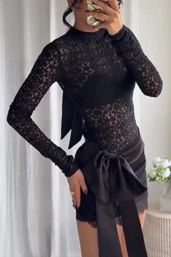 Anna Semi-sheer Lace Long Sleeve Back Bow Tie-up Cutout Stretch Bodysuit