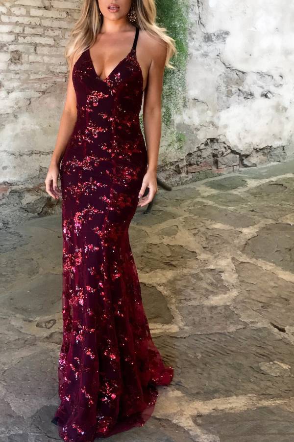 Deep V Spaghetti Strap Gradient Sequin Mermaid Evening Dress
