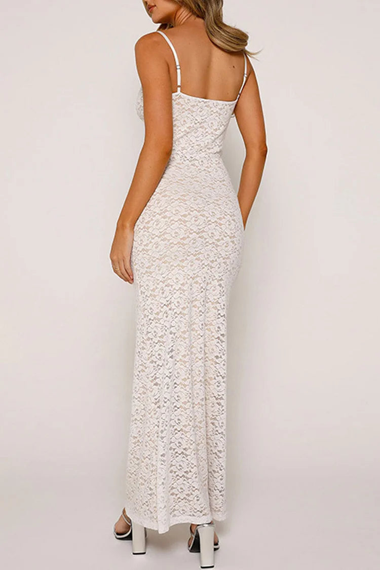 Robe longue moulante en dentelle guipure à col en V pour fête d'anniversaire - Noir 