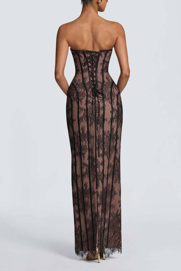 Strapless Lace Corset Lace‑Up Back Maxi Evening Gown