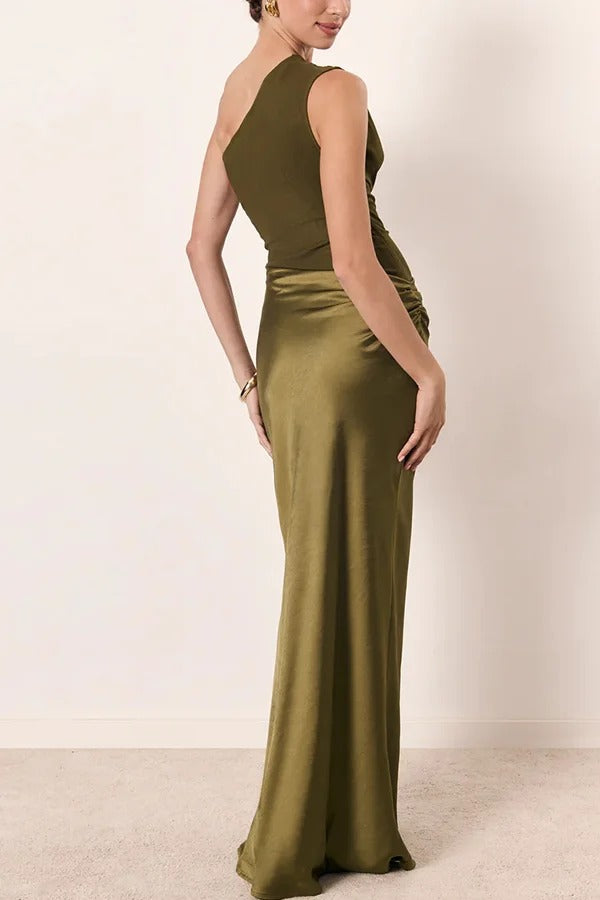 Kaia Satin Contrast Fabric Patchwork One Shoulder Ruched Maxi Dress