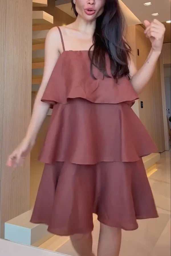 Sunlit Horizon Linen Blend Tiered Slip Square Neck A-line Mini Dress