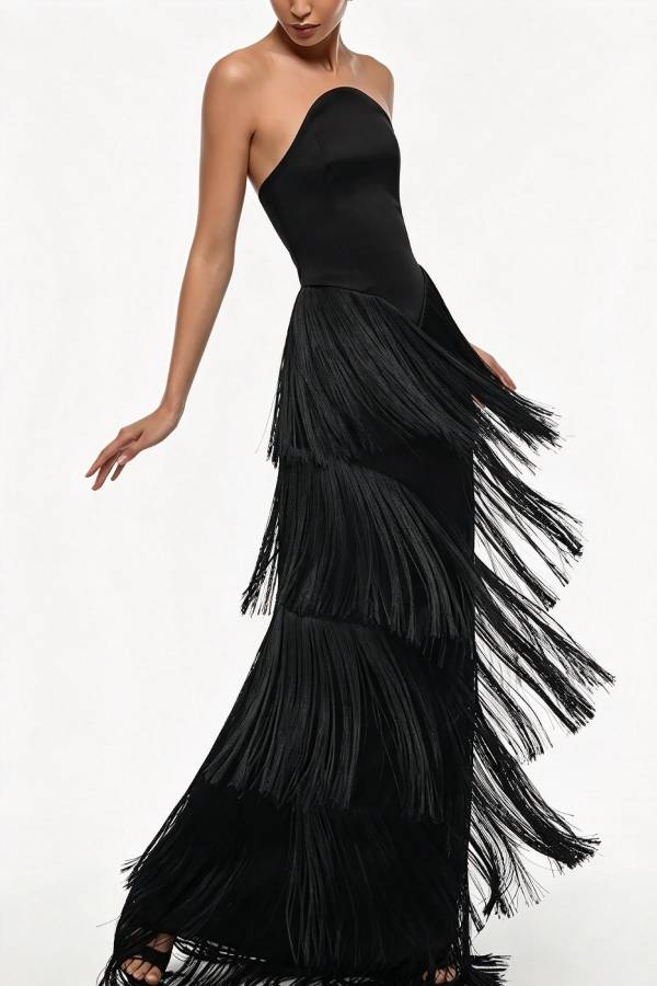 Maya Strapless Corset Layered Tassel Hem Gown Maxi Dress