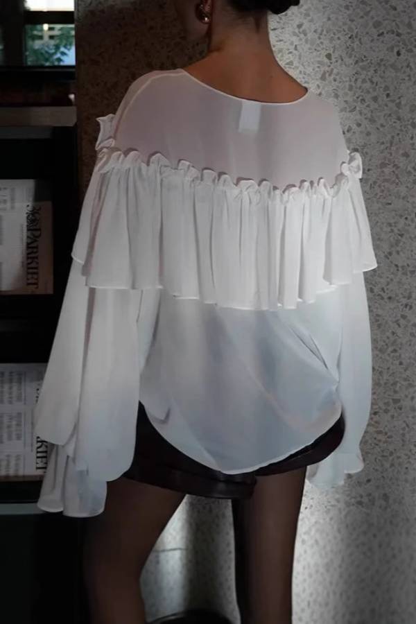 French Deep‑V Tiered Ruffle Sheer Chiffon Long‑Sleeve Blouse