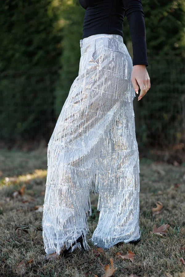 Music Festival Sequin Layered Tassels Mid Rise Pocket Loose Party Pants
