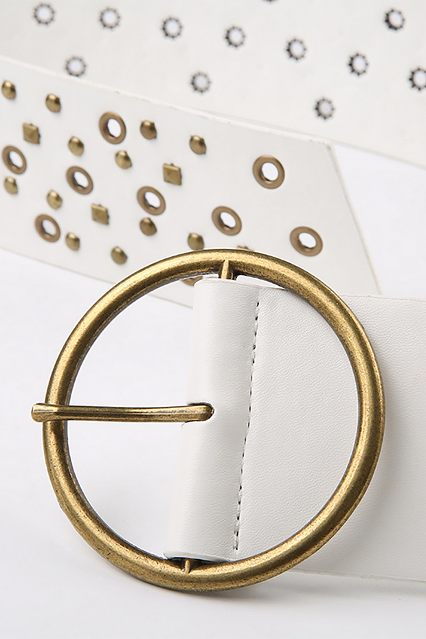 Studded Decor O-Ring Buckle PU Leather Retro Belt-Brown