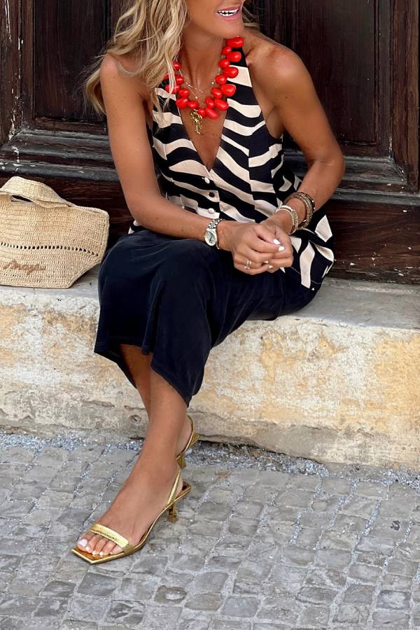 Zebra Print Halter Neck Plunge V-Neck Tank Top