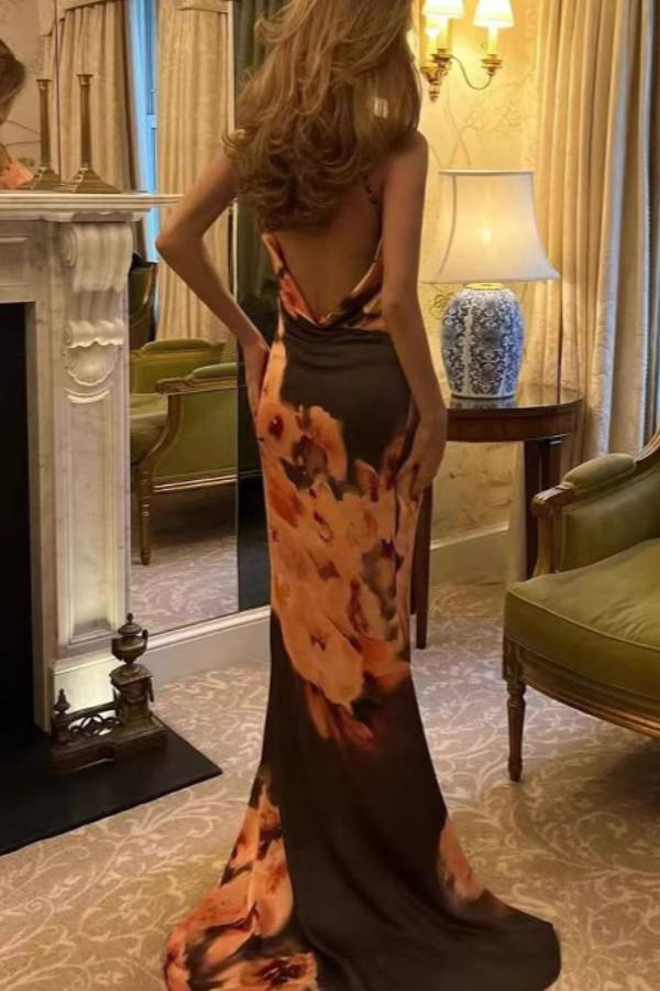 Spaghetti Strap Open Back Floral Print Satin Fishtail Train Evening Dress