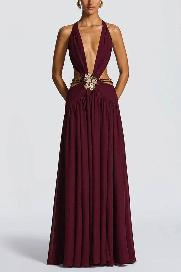 Kinara Leopard Print Deep V-neck Metal Flower Hollow Beads Detail Slit Maxi Dress