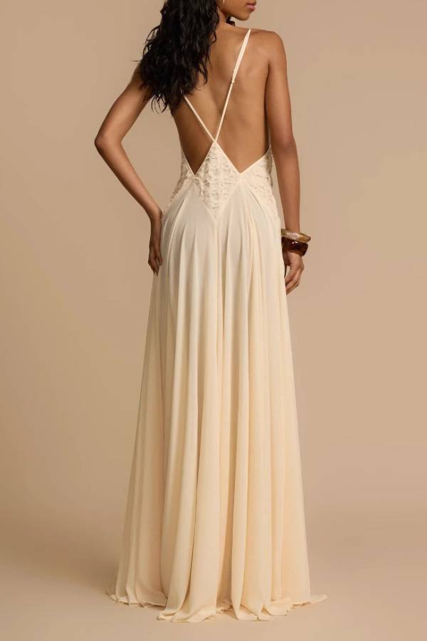 Deep V Cross Back Lace Spliced Chiffon Maxi Dress, Bohemian Wedding Dress