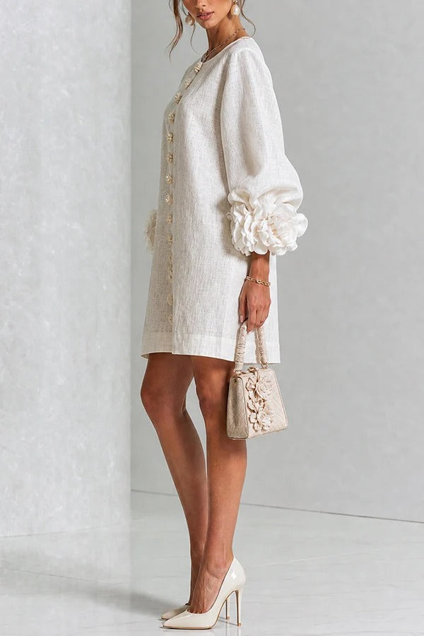 Rima Linen Blend Flowers Button Down Floral Cuffs Half Sleeve Mini Dress