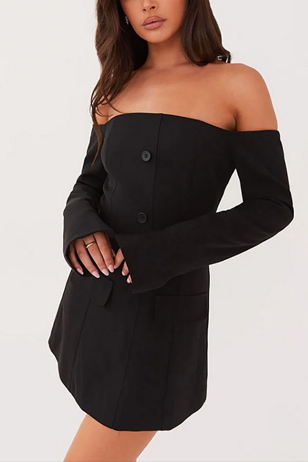Off Shoulder Long Sleeve Button Up Decorative Flap Pockets Mini Dresses-Brown