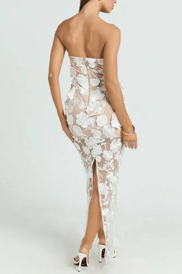 Sienna Floral Embroidered Fabric Off Shoulder Mermaid Silhouette Slit Maxi Dress