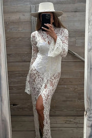 Garcelle Floral Lace Lace-up Long Bell Sleeve Slit Midi Dress