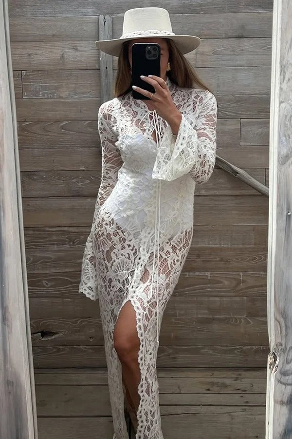 Garcelle Floral Lace Lace-up Long Bell Sleeve Slit Midi Dress