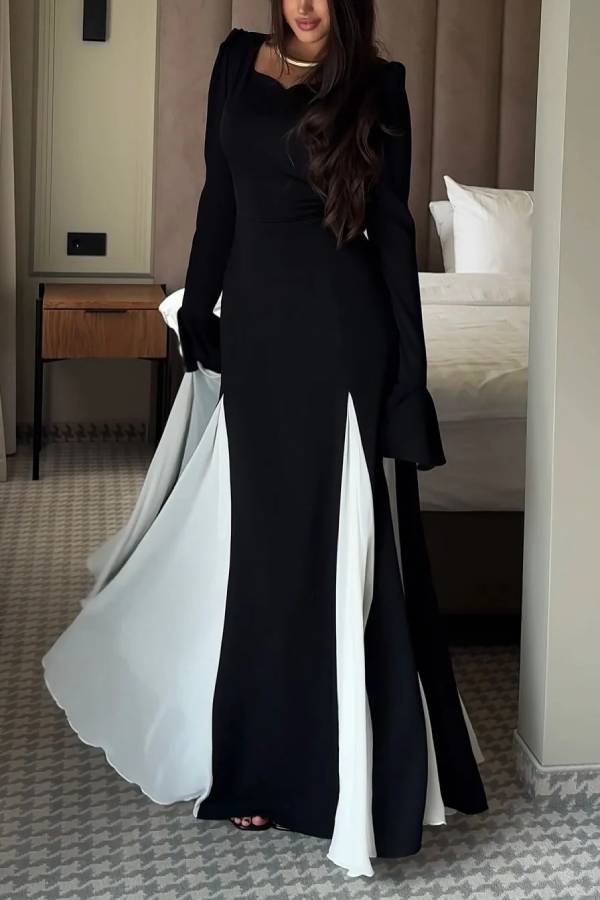 Black And White Flared Long-sleeved Maxi Dress