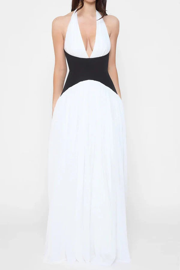 Fashionable Color Matching Sexy Halter Neck Waist Maxi Dress