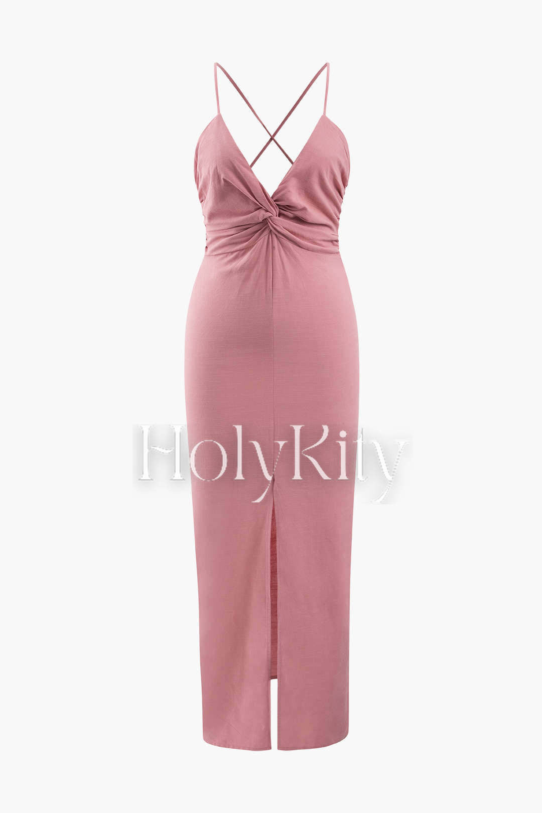 Linen-Blend V-neck Twist Front Slit Midi Dress