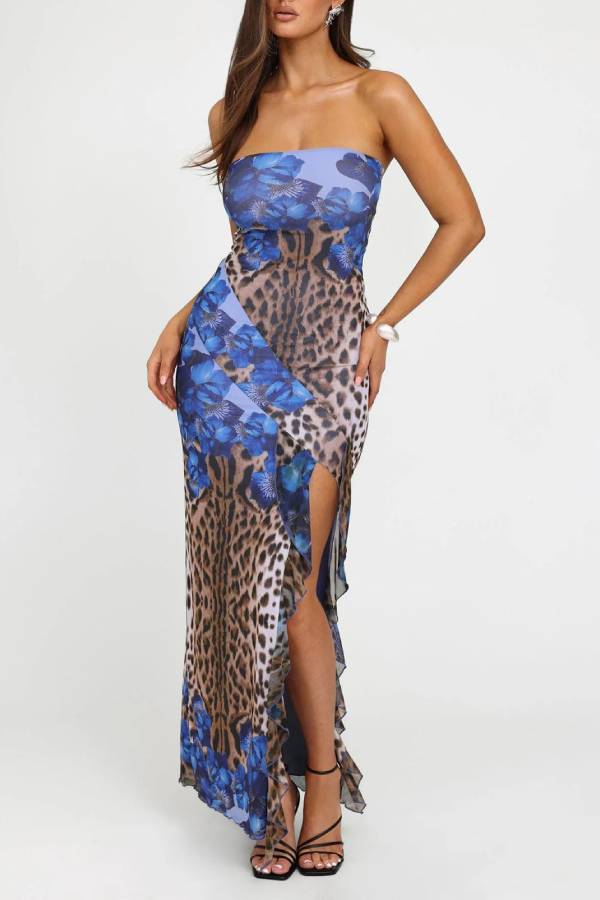 Blue Floral & Leopard Print Strapless Slit Mesh Maxi Dress