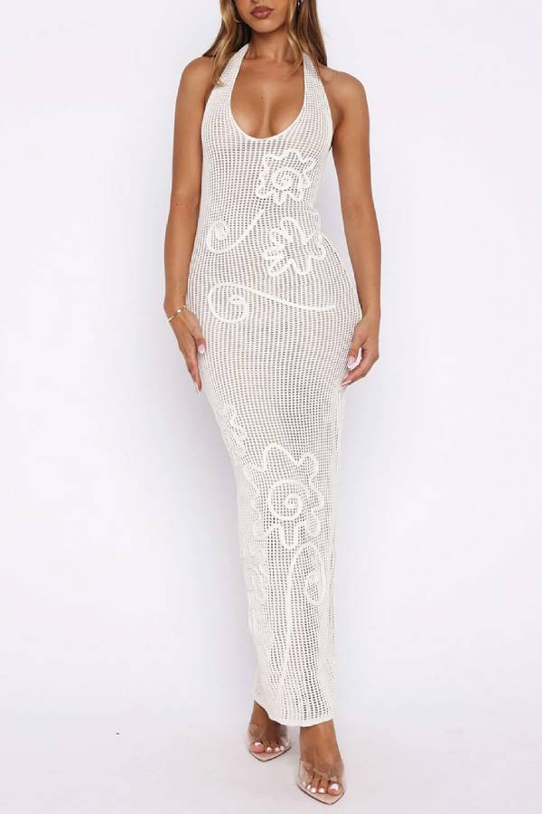 Halter Neck Hollow-Out Knit Dress with 3D Floral Embroidery