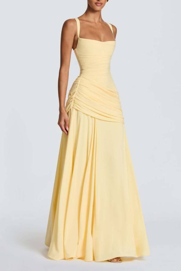 Square Neck Cross Ruched Waist Chiffon Evening Gown