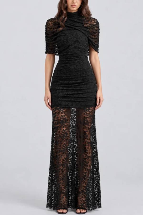 High Neck Ruched Black Floral Lace Semi Sheer Column Maxi Dress