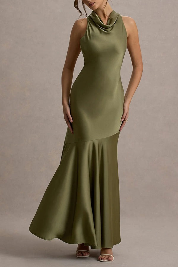Timeless Sophistication Satin Cowl Detail Back Self-tie Halter Neck Maxi Dress