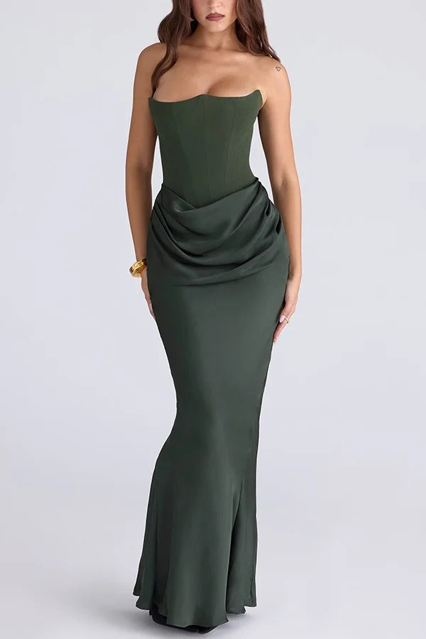 Attend The Gala Strapless Corset Satin Ruched Hip Drape Maxi Dress