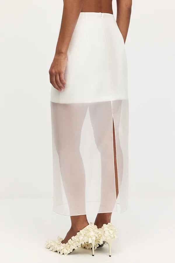 Simple and Light See-through Fabric Mid Rise Pencil Slit Midi Skirt