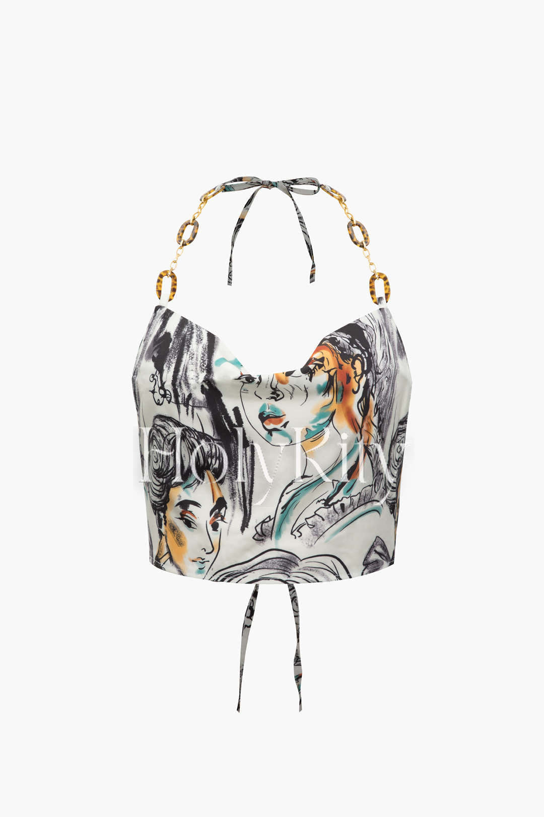 Neckholder-Top mit Wasserfallausschnitt und Gesichtsdruck 