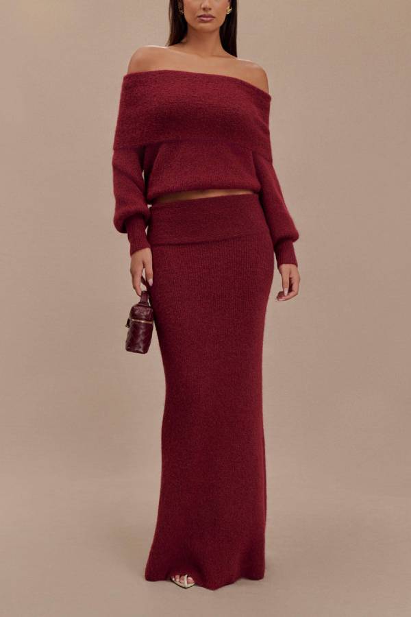Charlotte Knit Ribbed Waist Fishtail Stretch Maxi Skirt