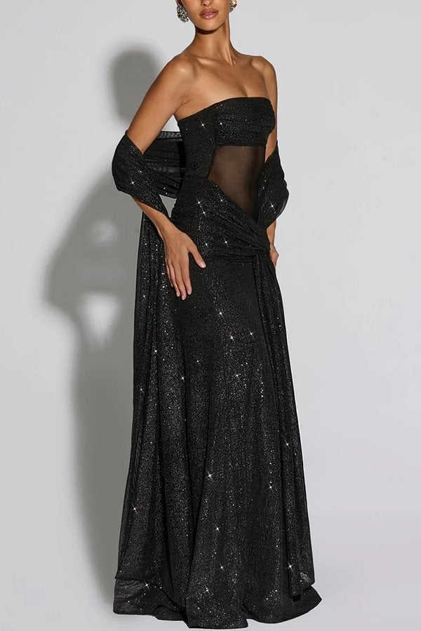 Paula Sequined Mesh and Jersey Off Shoulder Ruched Knot Drape Shawl Maxi Dress