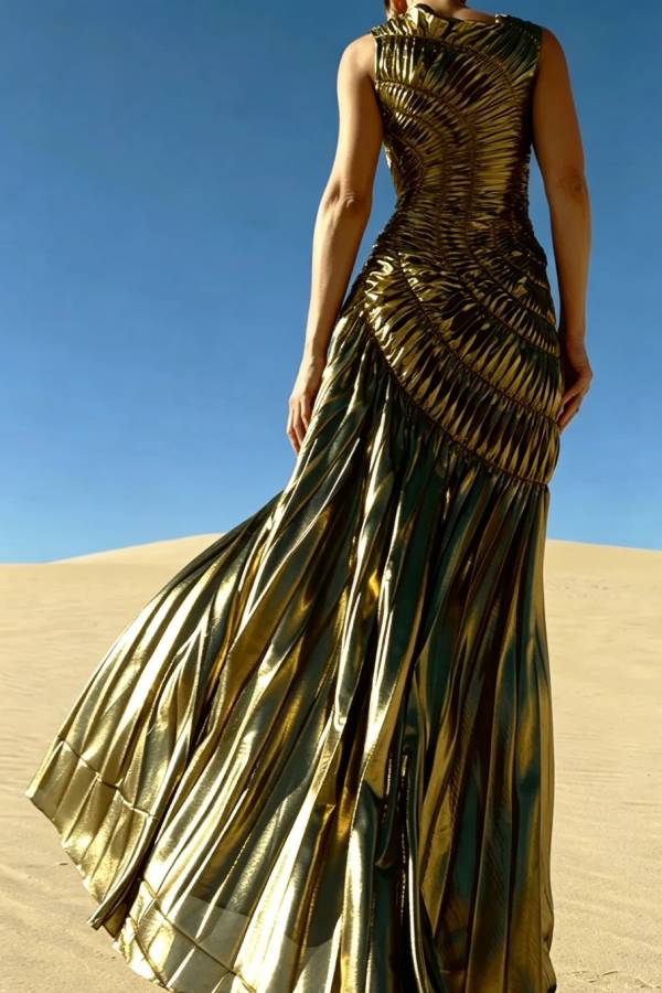 Fossil Metallic Fabric Radial Pleated Pattern Crew Neck Sleeveless Maxi Dress