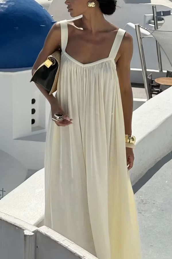 Pearlescent Luster Satin Wide Strap Open Back Loose Maxi Dress
