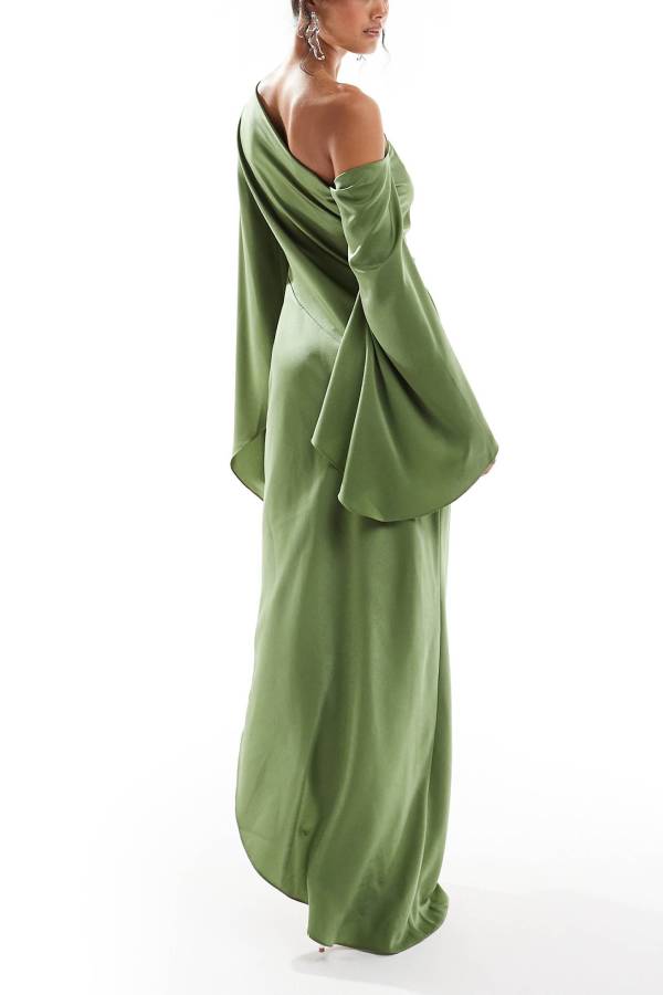 Zayla Satin Asymmetrical One Shoulder Bell Sleeve Slit Maxi Dress
