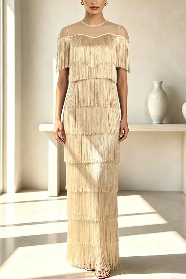 Elowyn Mesh Tiered Tassel Patchwork Round Neck Cape Sleeve Midi Dress