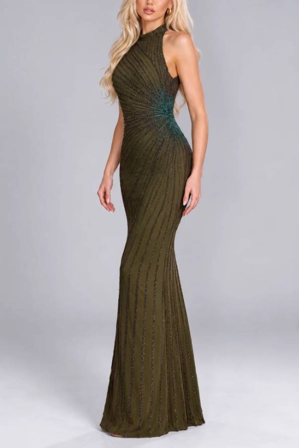 Olive Green Halter Neck Beaded Column Maxi Evening Dress