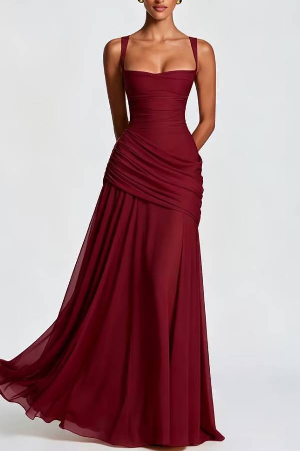 Square Neck Cross Ruched Waist Chiffon Evening Gown