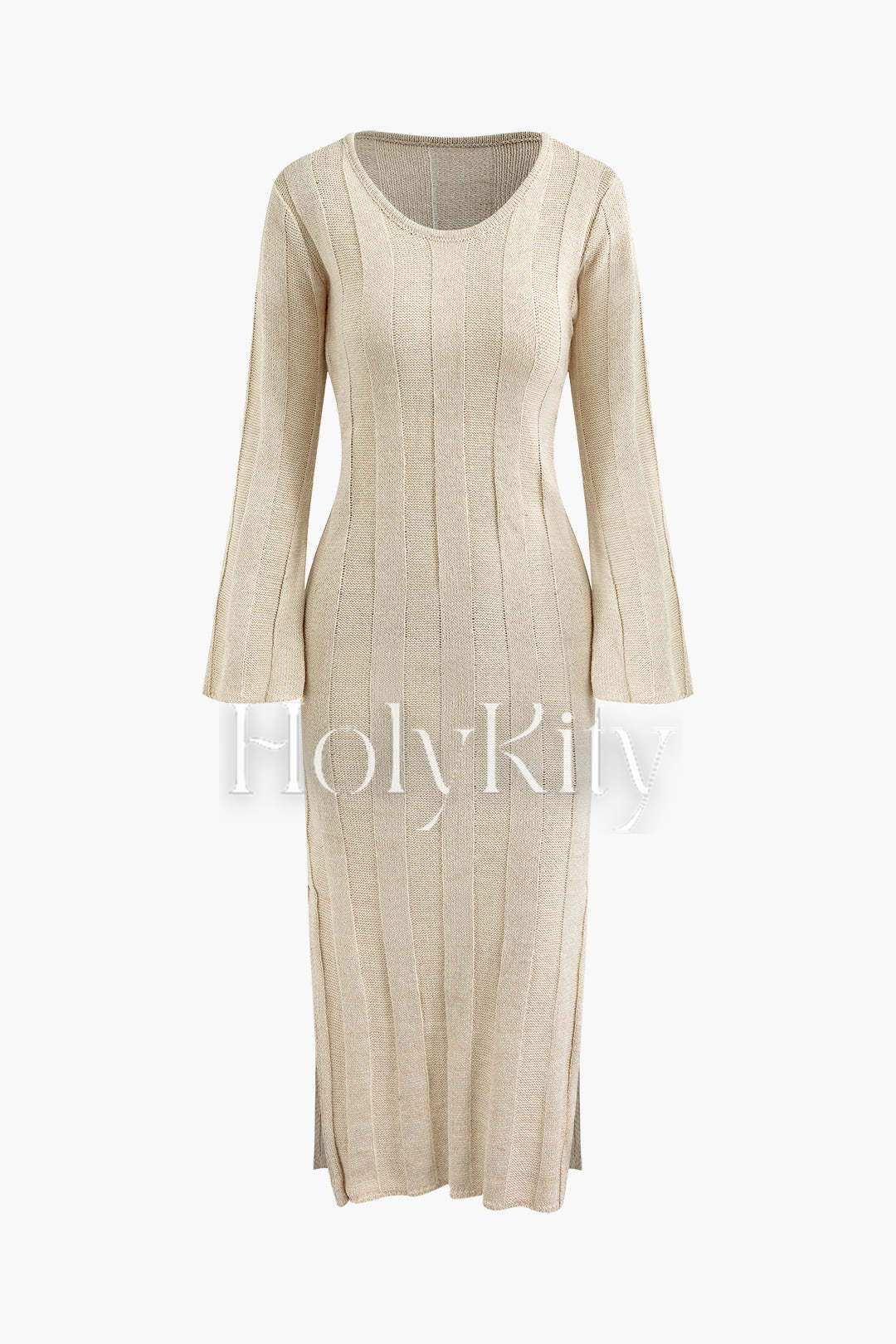 Robe longue fendue en tricot à manches cloche et col en V 