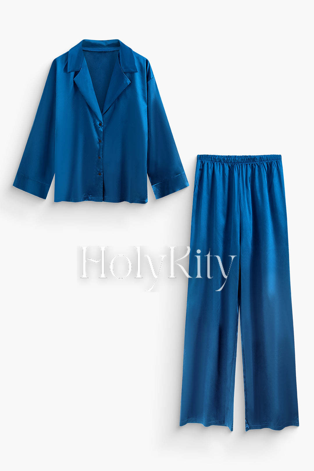 Ensemble chemise boutonnée à col en V et pantalon droit en satin uni 